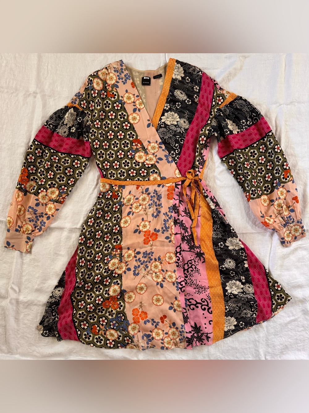 PINKO Italy Patchwork Faux Wrap Dress Floral Geometric 6